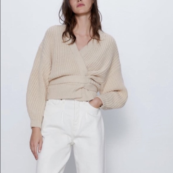 Zara beige cropped belted cardigan - Picture 2 of 7
